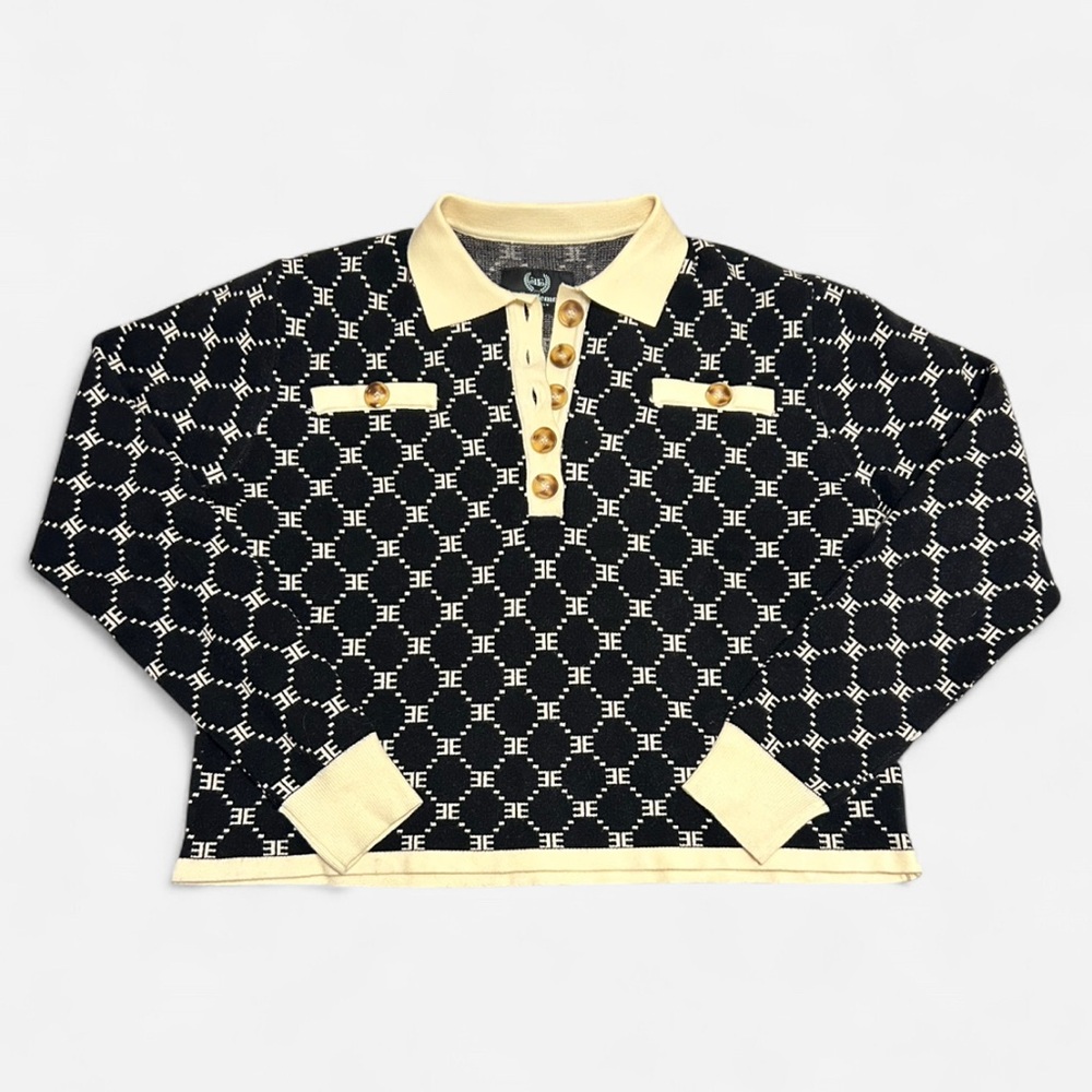 Ell And Emm Monogram Knit Sweater M Black Ivory Collared Quarter Button EE